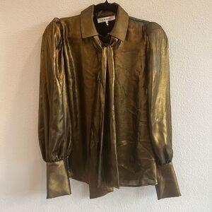 Frame Long Sleeve Button Up Blouse Womens XS Metallic Gold Neck Tie Puff Sleeve